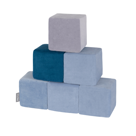 KiddyMoon blocs mous pour bébé cubes de construction en mousse housse velours, Cubes:  Bleu Lagune-Bleu Glacier-Gris De Montagnes