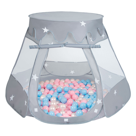 Tente Château Pour Enfants Tente de Jeu Avec Balles Colorées Jouet Cabane Pop-up Château Facile À Monter Maison de Jeu Pour Intérieur et Extérieur, Gris: Babyblue/ Rose Poudré/ Perle