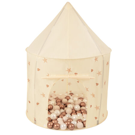 Tente de Jeu Pour Enfants Château Maison de Jeu En Forme De Pavillon De Jeu Avec Balles Pliable Tente Pop-Up Enfant Motifs D'Étoiles Et De Cœurs, Beige Clair:  Beige Pastel/ Cuivre/ Perle