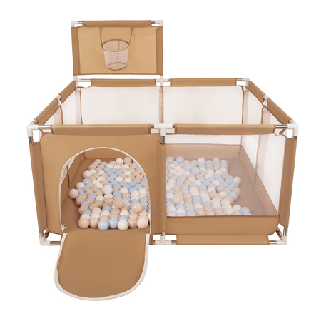 parc bébé avec balles plastiques aire de jeu pliable basket , Beige :  Beige Pastel/ Bleu Pastel/ Blanc