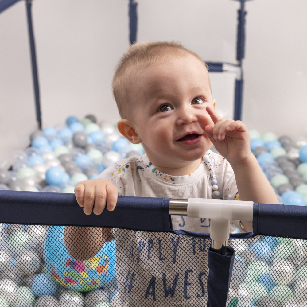 Selonis Parc Bébé Avec 100 Balles Plastiques Aire De Jeu Pliable Basket Bleu:Gris/Blanc/Turquoise 