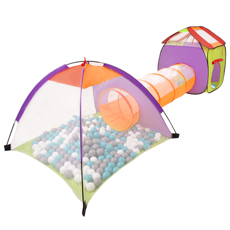 3en1 Tente de Jeux avec Tunnel Piscine à Boules avec Balles pour Enfants, Multicolore: Gris/ Blanc/ Turquoise