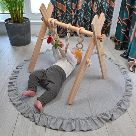 Jouet d'Activité avec 3 Pendentifs Portique d'Éveil Arche de Jeux Baby Gym, Naturelle Avec Gris Clair Tapis