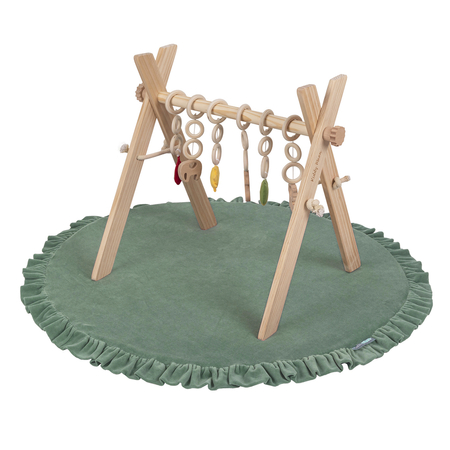 Jouet d'Activité avec 3 Pendentifs Portique d'Éveil Arche de Jeux Baby Gym, Naturelle Avec Vert Forêt Tapis