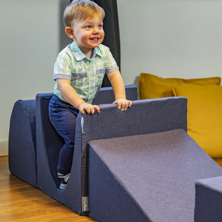 KiddyMoon Aire De Jeux en Mousse avec Carré Piscine À Balles pour Enfants, Bleu Foncé: Blanc/ Gris/ Menthe