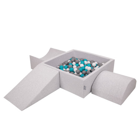 KiddyMoon Aire De Jeux en Mousse avec Carré Piscine À Balles pour Enfants, Gris Clair:  Gris/ Blanc/ Turquoise