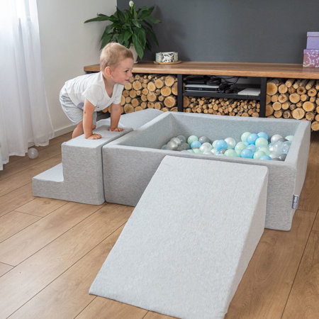 KiddyMoon Aire De Jeux en Mousse avec Carré Piscine À Balles pour Enfants, Gris Clair:  Rose Poudré/ Perle/ Transparent