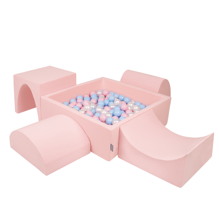 KiddyMoon Aire De Jeux en Mousse avec Carré Piscine À Balles pour Enfants, Rose: Babyblue/ Rose Poudre/ Perle