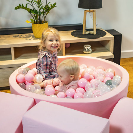 KiddyMoon Aire De Jeux en Mousse avec Carré Piscine À Balles pour Enfants, Rose: Blanc/ Gris/ Rose Poudré