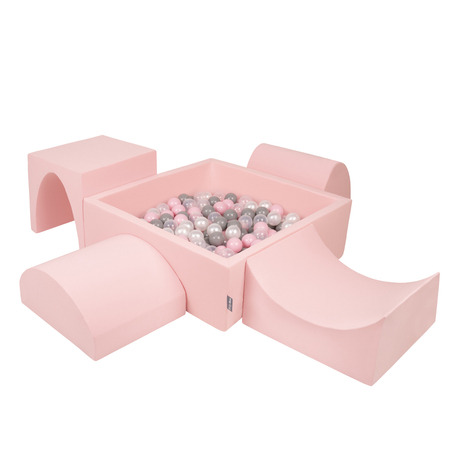 KiddyMoon Aire De Jeux en Mousse avec Carré Piscine À Balles pour Enfants, Rose: Perle/ Gris/ Transparent/ Rose Poudré