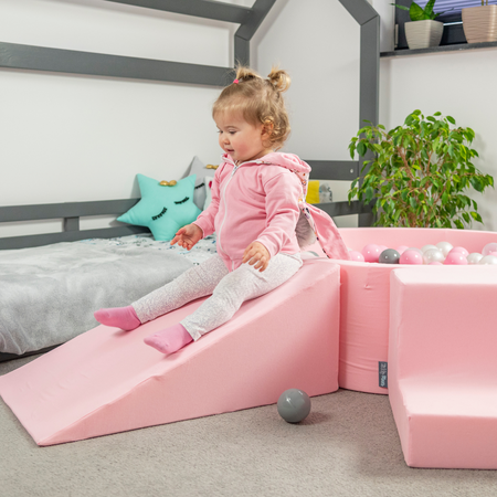 KiddyMoon Aire De Jeux en Mousse avec Rond Piscine à Balles pour Enfants, Rose:  Beige Pastel/ Rose Poudré/ Perle