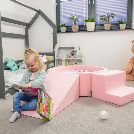 KiddyMoon Aire De Jeux en Mousse avec Rond Piscine à Balles pour Enfants, Rose:  Beige Pastel/ Rose Poudré/ Perle