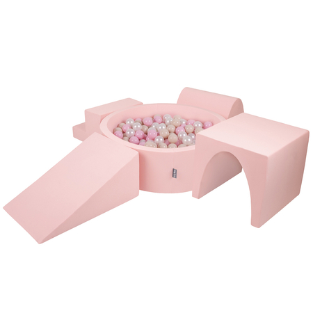 KiddyMoon Aire De Jeux en Mousse avec Rond Piscine à Balles pour Enfants, Rose: Beige Pastel/ Rose Poudré/ Perle