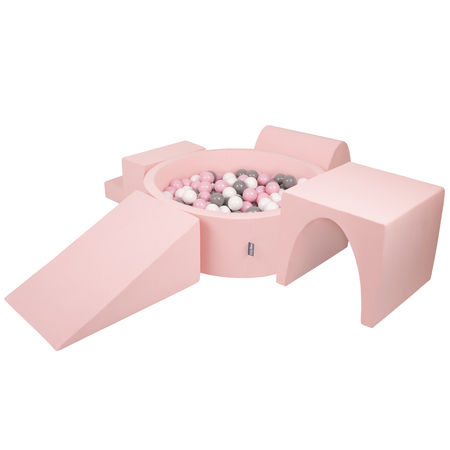 KiddyMoon Aire De Jeux en Mousse avec Rond Piscine à Balles pour Enfants, Rose: Blanc/ Gris/ Rose Poudré