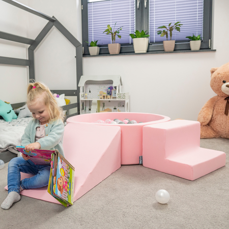 KiddyMoon Aire De Jeux en Mousse avec Rond Piscine à Balles pour Enfants, Rose:  Bleu Pastel/ Jaune Pastel/ Blanc/ Menthe/ Rose Poudré