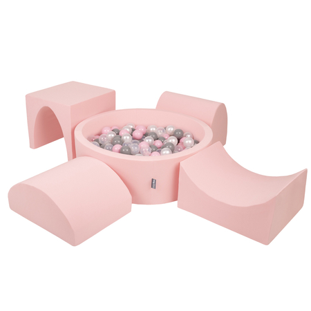 KiddyMoon Aire De Jeux en Mousse avec Rond Piscine à Balles pour Enfants, Rose: Perle/ Gris/ Transparent/ Rose Poudré