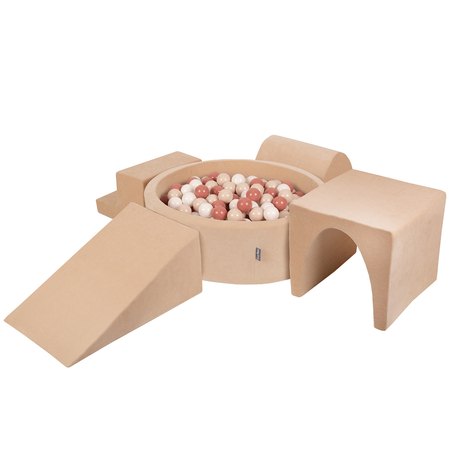 KiddyMoon Aire Velvet De Jeux en Mousse avec Rond Piscine à Balles pour Enfants, Beige Sableux:  Beige Pastel/ Saumon/ Blanc