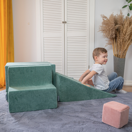 KiddyMoon Aire Velvet De Jeux en Mousse avec Rond Piscine à Balles pour Enfants, Beige Sableux:  Blanc/ Gris/ Menthe