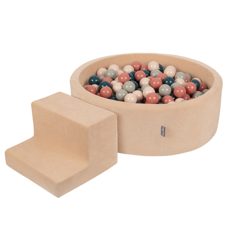 KiddyMoon Aire Velvet De Jeux en Mousse avec Rond Piscine à Balles pour Enfants, Beige Sableux:  Turquoise Foncé/ Beige Pastel/ Vert-Gris/ Saumon