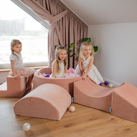 KiddyMoon Aire Velvet De Jeux en Mousse avec Rond Piscine à Balles pour Enfants, Rose Des Sables:  Beige Pastel/ Saumon/ Blanc