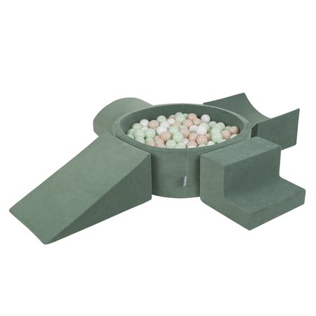 KiddyMoon Aire Velvet De Jeux en Mousse avec Rond Piscine à Balles pour Enfants, Vert Forêt:  Beige Pastel/ Blanc/ Menthe