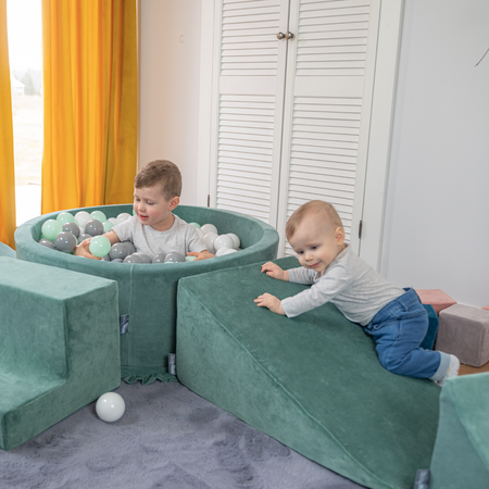 KiddyMoon Aire Velvet De Jeux en Mousse avec Rond Piscine à Balles pour Enfants, Vert Forêt:  Blanc/ Gris/ Menthe