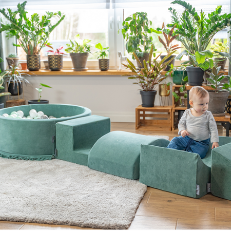 KiddyMoon Aire Velvet De Jeux en Mousse avec Rond Piscine à Balles pour Enfants, Vert Forêt:  Blanc/ Gris/ Menthe