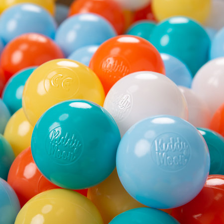 KiddyMoon Balles Colorées Plastique 7cm pour Piscine Enfant Bébé Fabriqué en EU, Blanc/ Jaune/ Orange/ Babyblue/ Turquoise