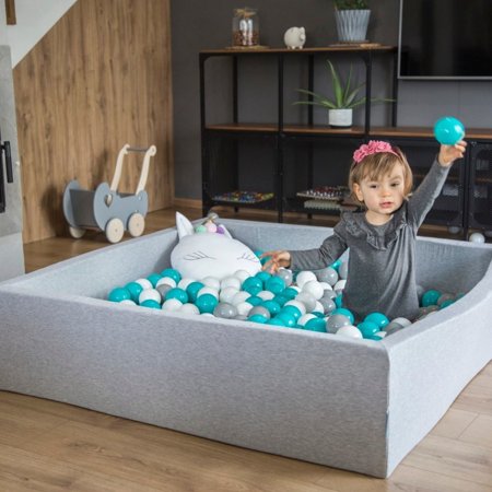 KiddyMoon Balles Colorées Plastique 7cm pour Piscine Enfant Bébé Fabriqué en EU, Gris/ Blanc/ Turquoise