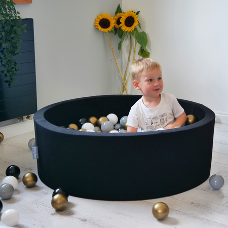 KiddyMoon Balles Colorées Plastique 7cm pour Piscine Enfant Bébé Fabriqué en EU, Noir/ Or/ Gris