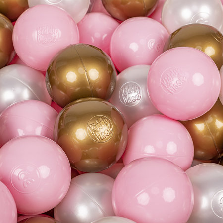 KiddyMoon Balles Colorées Plastique 7cm pour Piscine Enfant Bébé Fabriqué en EU, Rose Poudré/ Perle/ Or