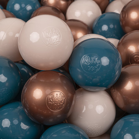 KiddyMoon Balles Colorées Plastique 7cm pour Piscine Enfant Bébé Fabriqué en EU, Turquoise Foncé/ Beige Pastel/ Cuivre