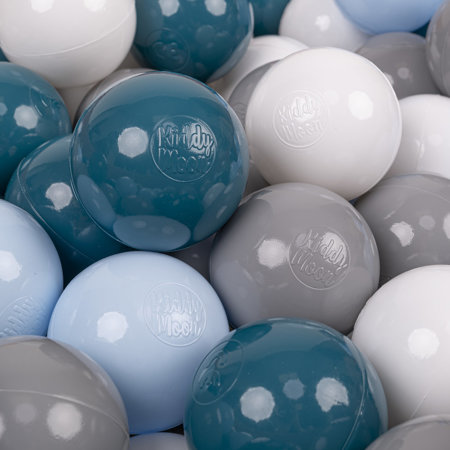 KiddyMoon Balles Colorées Plastique 7cm pour Piscine Enfant Bébé Fabriqué en, Turquoise Foncé/ Bleu Pastel/ Gris/ Blanc