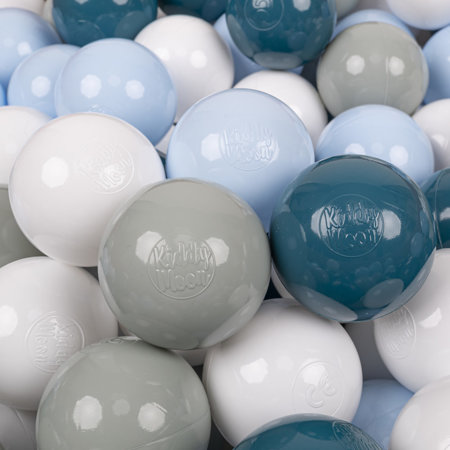 KiddyMoon Balles Colorées Plastique 7cm pour Piscine Enfant Bébé Fabriqué en, Turquoise Foncé/ Vert De Gris/ Bleu Pastel/ Blanc