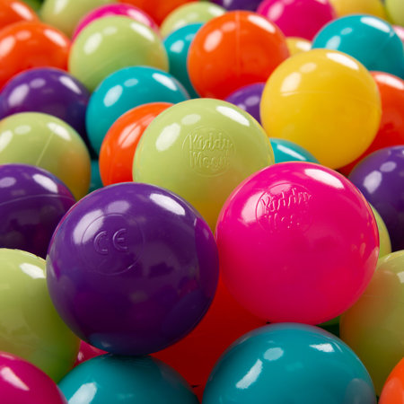 KiddyMoon Balles Colorées Plastique 7cm pour Piscine Enfant Bébé Fabriqué en, Vert Clair/ Jaune/ Turquoise/ Orange/ Ros Foncé/ Violet