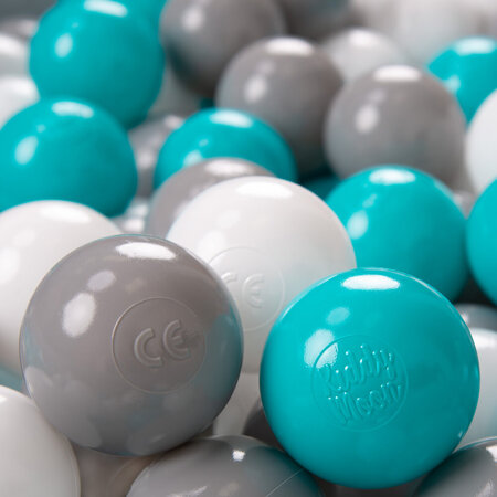 KiddyMoon Balles pour Piscine Colorées 6cm Plastique Enfant Bébé Fabriqué en EU, Gris/ Blanc/ Turquoise