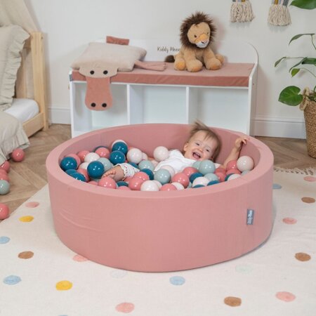 KiddyMoon Piscine à Balles 7Cm pour Bébé Rond Fabriqué En UE, Cannelle :  Turquoise Foncé/ Beige Pastel/ Vert De Gris/ Saumon