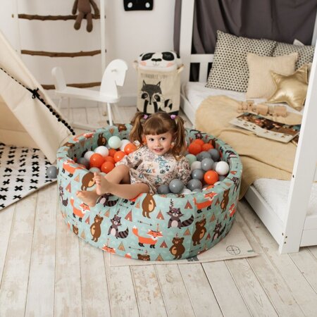 KiddyMoon Piscine à Balles 7Cm pour Bébé Rond Fabriqué En UE, Renard-Vert: Orange/ Menthe/ Gris/ Blanc