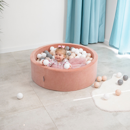 KiddyMoon Velours Piscine à Balles 7Cm pour Bébé Rond Fabriqué en EU, Beige Sableux:  Beige Pastel/ Blanc/ Perle