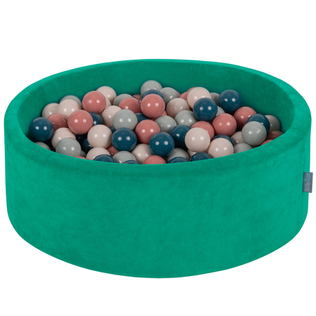 KiddyMoon Velours Piscine à Balles 7Cm pour Bébé Rond Fabriqué en EU, Vert Agave:  Turquoise Foncé/ Beige Pastel/ Vert De Gris/ Saumon