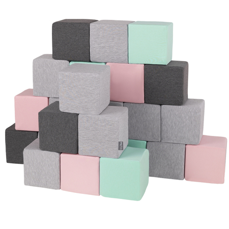 KiddyMoon blocs mous pour bébé cubes de construction en mousse, Cubes:  Gris Clair/ Gris Foncé/ Rose/ Menthe
