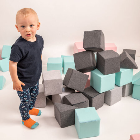 KiddyMoon blocs mous pour bébé cubes de construction en mousse, Cubes:  Gris Clair/ Gris Foncé/ Rose/ Menthe