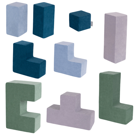 KiddyMoon blocs mous pour bébé cubes de construction en mousse housse velours, Bleu Lagune/ Vert Forêt/ Bleu Glacier/ Gris De Montagnes