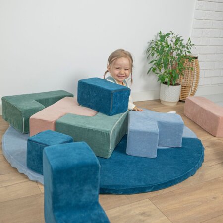 KiddyMoon blocs mous pour bébé cubes de construction en mousse housse velours, Bleu Lagune/ Vert Forêt/ Rose De Sables/ Bleu Glacier 