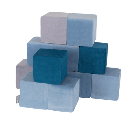 KiddyMoon blocs mous pour bébé cubes de construction en mousse housse velours, Cubes:  Bleu Lagune-Bleu Glacier-Gris De Montagnes