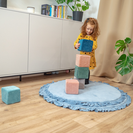 KiddyMoon blocs mous pour bébé cubes de construction en mousse housse velours, Cubes:  Bleu Lagune-Bleu Glacier-Gris De Montagnes