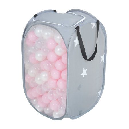 KiddyMoon panier de balles sac en maille balles plastiques pour les enfants, Gris:  Rose Poudré/ Perle/ Transparent