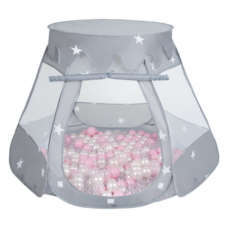 Tente Château Avec Les Balles Plastiques Piscine à Balles Pour Enfants, Gris:Rose Poudré/Perle/Transparent