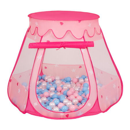 Tente Château Pour Enfants Tente de Jeu Avec Balles Colorées Jouet Cabane Pop-up Château Facile À Monter Maison de Jeu Pour Intérieur et Extérieur, Rose:  Babyblue-Rose Poudré-Perle