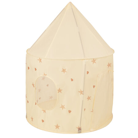 Tente de Jeu Pour Enfants Château Maison de Jeu En Forme De Pavillon De Jeu Avec Balles Pliable Tente Pop-Up Enfant Motifs D'Étoiles Et De Cœurs, Beige Clair